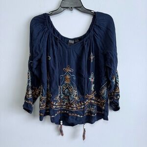 Anandas Collection Navy Blue Rayon Boho Embroidered Peasant Blouse Size Large